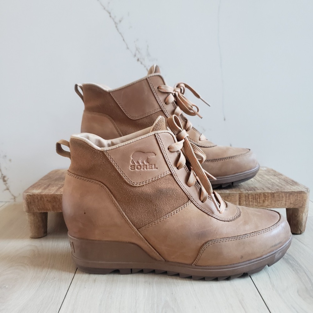 Sorel Evie Sport Lace Boots Womens 9.5 Brown Leather Wedge Hiking Shoes